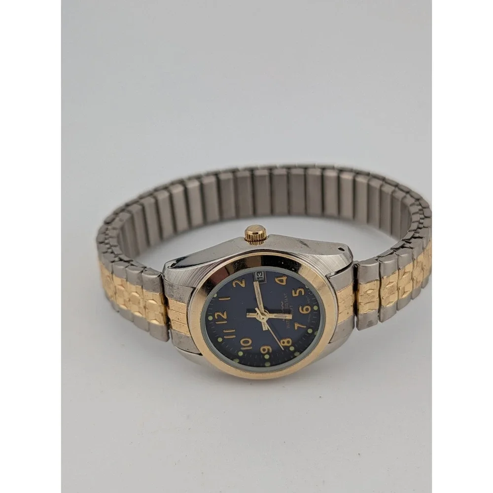 White Stag Watch Women 26mm Case Blue Dial Two Tone Stretch Band- New‎ Battery